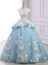 Blue Ball Gown Cap Sleeve Organza Flower Backless Wedding Dress